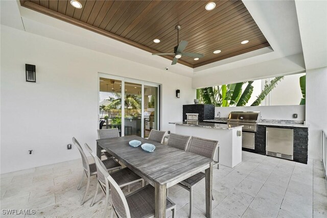 view of patio featuring a grill, area for grilling, sink, and ceiling fan