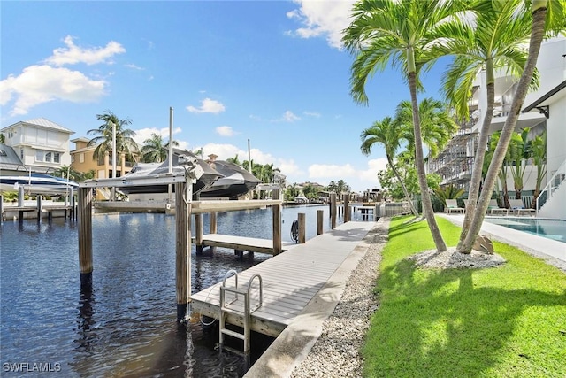 view of dock with a yard and a water view