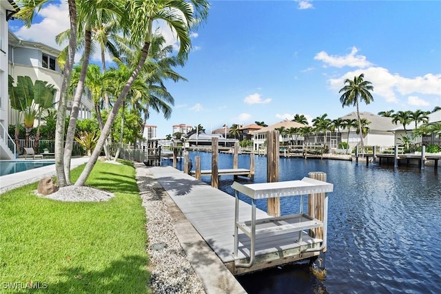 dock area featuring a yard and a water view