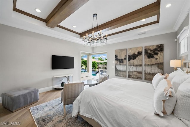 bedroom featuring ornamental molding, access to outside, light hardwood / wood-style flooring, a notable chandelier, and beamed ceiling