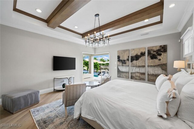 175 Conners Ave, Naples, FL 34108 - bedroom featuring access to exterior, wood finished floors, crown molding, beam ceiling, and a chandelier