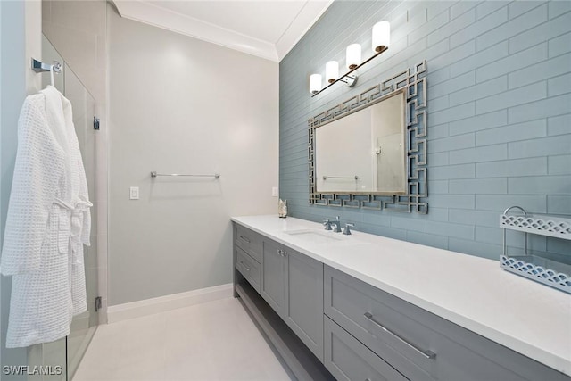 bathroom featuring vanity, an enclosed shower, ornamental molding, and backsplash