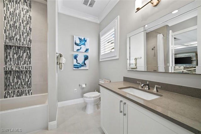 full bathroom featuring vanity, shower / bath combination with curtain, toilet, and crown molding