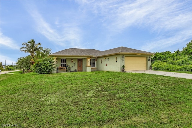 single story home with a garage and a front lawn