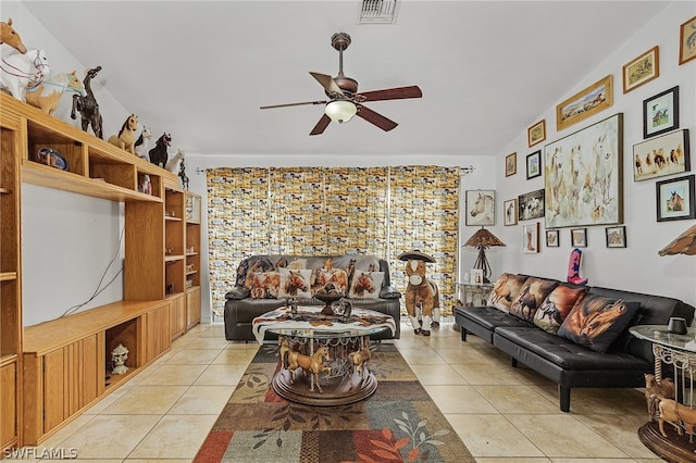 living room with light tile patterned flooring and ceiling fan