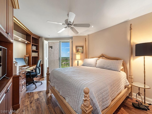 bedroom featuring dark wood-type flooring, access to exterior, and ceiling fan