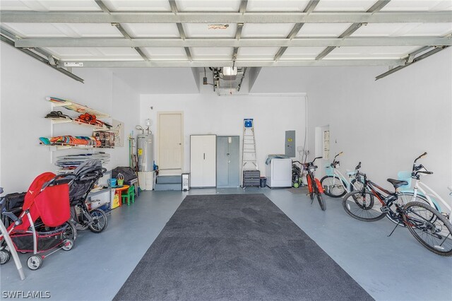 garage featuring electric water heater and electric panel