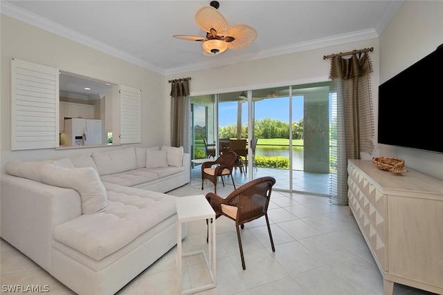 tiled living room with ceiling fan and ornamental molding