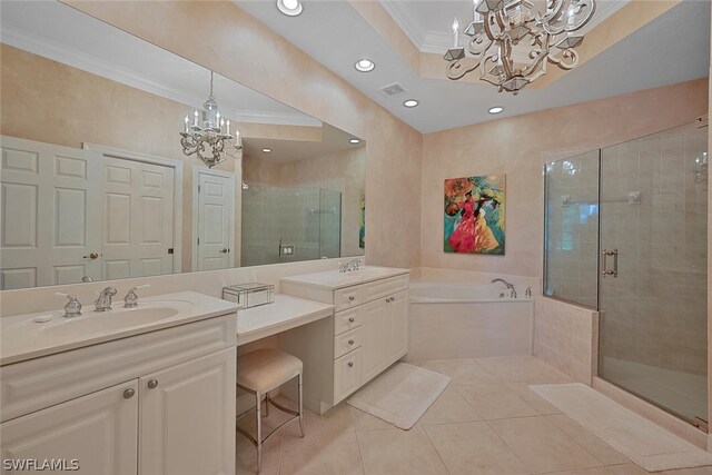 bathroom featuring independent shower and bath, tile patterned flooring, vanity, a notable chandelier, and crown molding