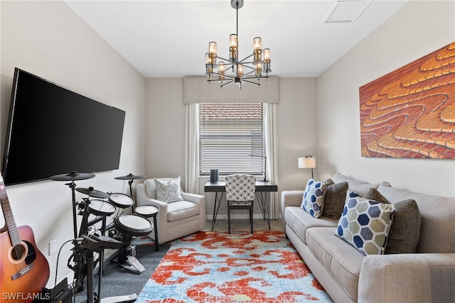 living room featuring an inviting chandelier