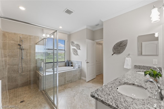 bathroom with tile patterned floors, vanity, a notable chandelier, crown molding, and separate shower and tub