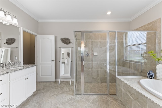 bathroom with vanity, plus walk in shower, and ornamental molding