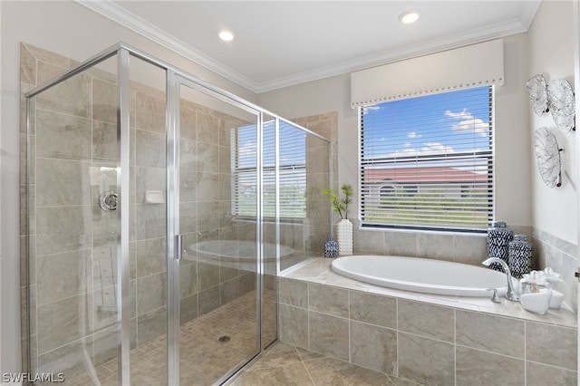 bathroom featuring tile patterned floors, crown molding, and separate shower and tub