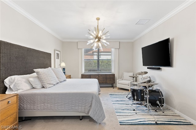 carpeted bedroom with crown molding and a chandelier