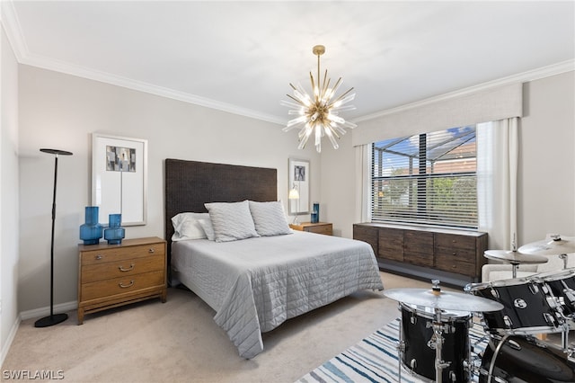 carpeted bedroom with crown molding and a chandelier