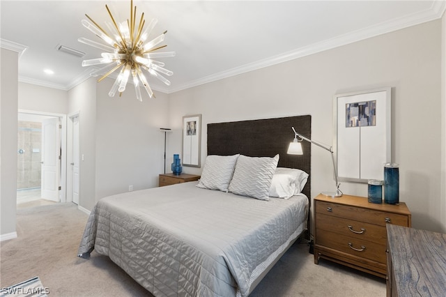 bedroom with light carpet, ensuite bathroom, a chandelier, and crown molding