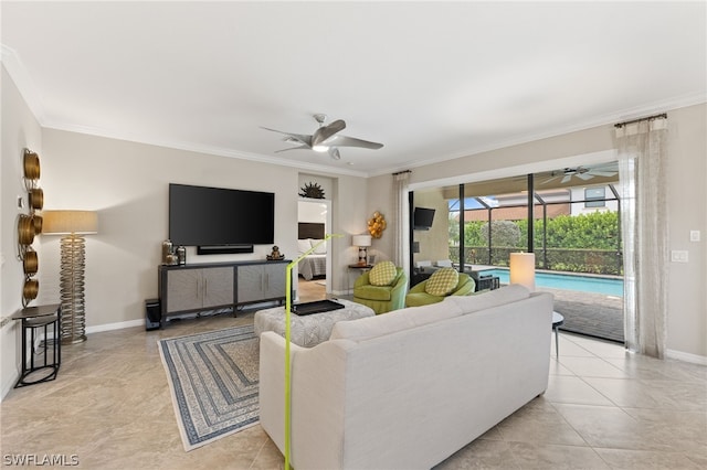 living room with light tile patterned floors, ornamental molding, and ceiling fan