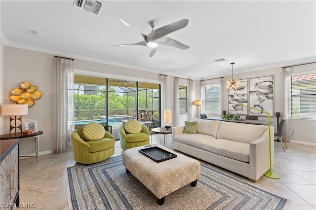 tiled living room with ceiling fan and ornamental molding