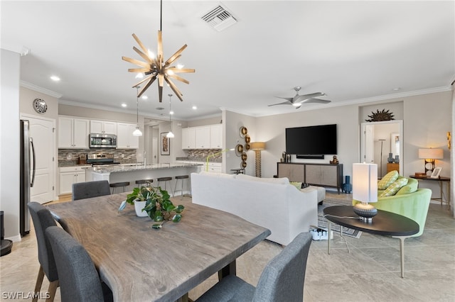 dining space featuring crown molding, light tile patterned floors, and ceiling fan with notable chandelier