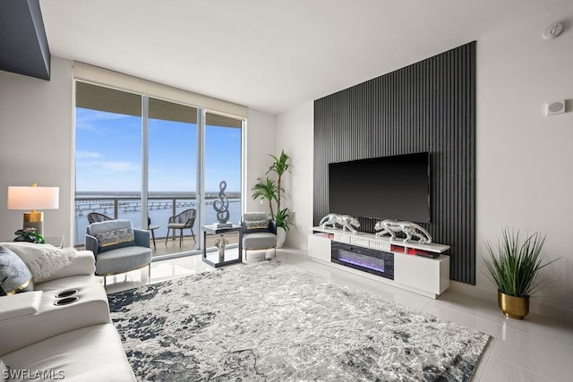 tiled living area with expansive windows