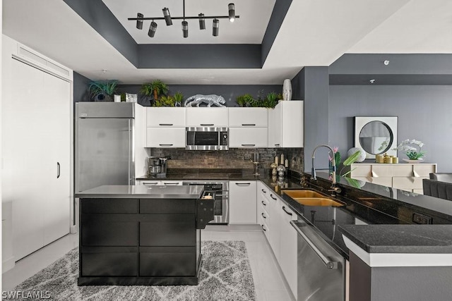 kitchen featuring tasteful backsplash, white cabinets, a tray ceiling, stainless steel appliances, and a sink