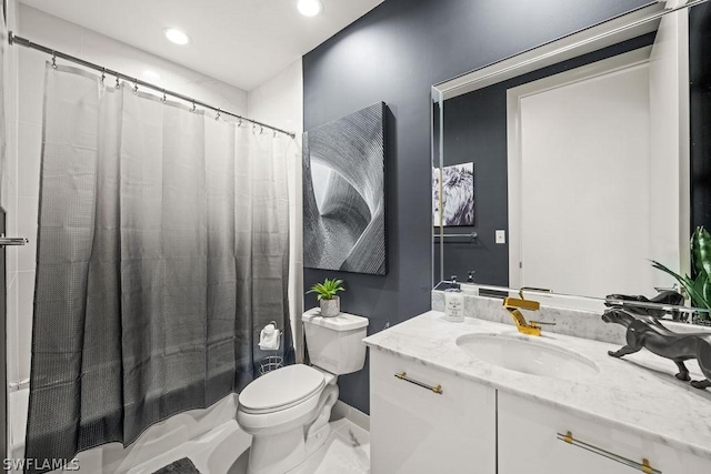 3000 Oasis Grand Blvd Unit Mph3, Fort Myers, FL 33916 - full bathroom with vanity, shower / bath combo with shower curtain, toilet, and recessed lighting