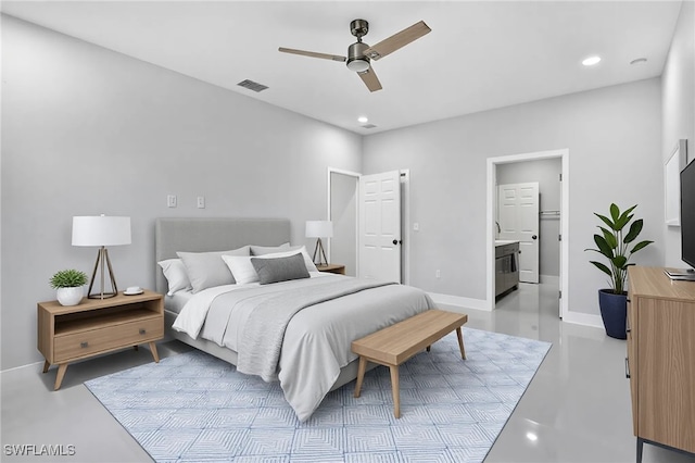 bedroom with visible vents, recessed lighting, baseboards, and concrete flooring