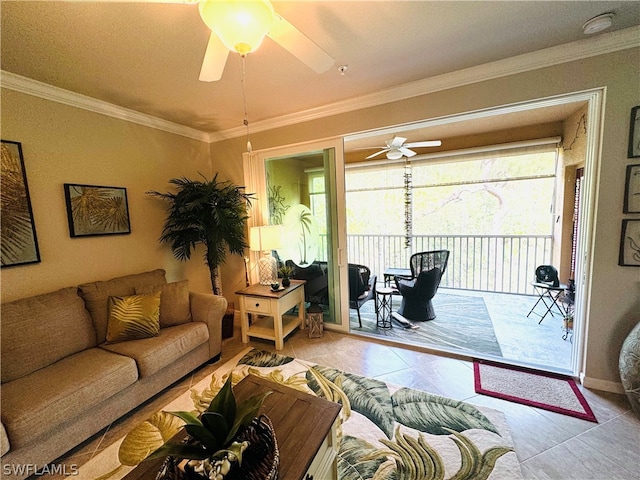 tiled living room featuring ornamental molding and ceiling fan