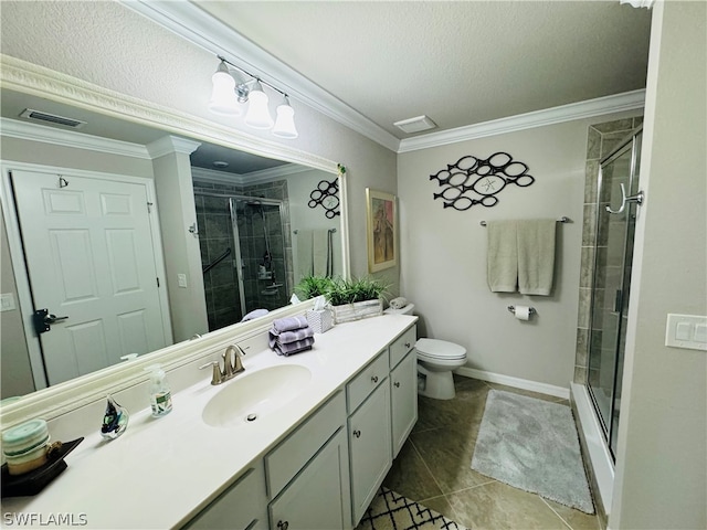 bathroom featuring vanity, ornamental molding, toilet, and an enclosed shower