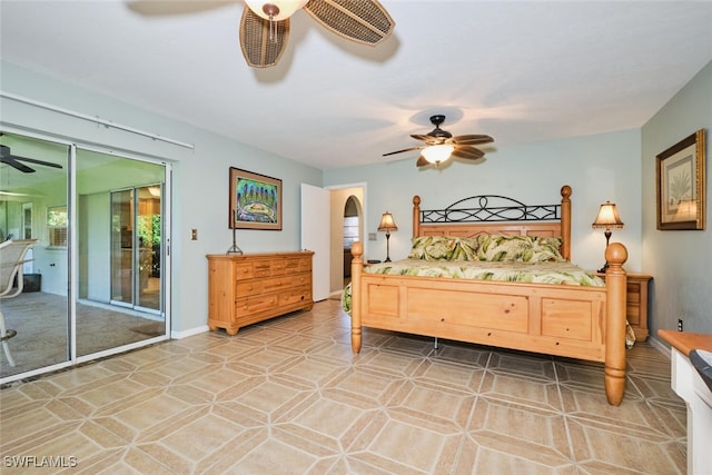 tiled bedroom featuring access to exterior and ceiling fan