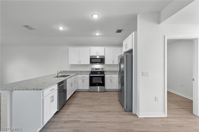 kitchen featuring kitchen peninsula, sink, stainless steel appliances, white cabinets, and light stone counters