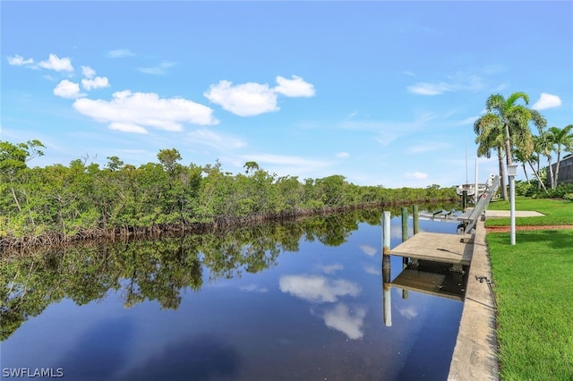 dock area featuring a water view and a lawn