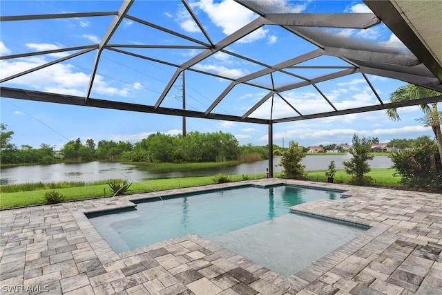 view of pool with a water view, a patio area, and a lanai