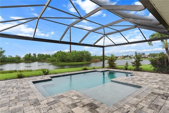 view of swimming pool with a lanai, a patio, and a water view