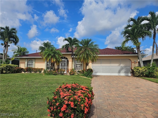 ranch-style home with a garage and a front lawn