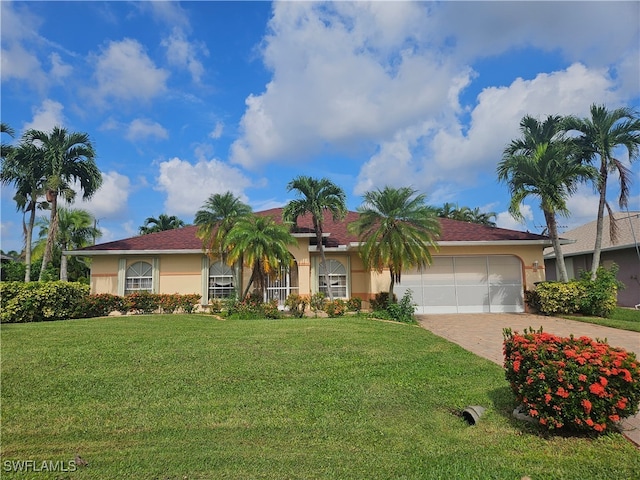 ranch-style home featuring a garage and a front lawn