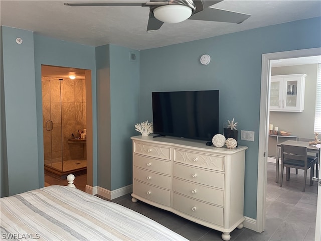 bedroom featuring tile patterned flooring and ceiling fan