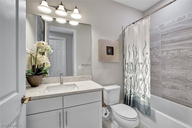 full bathroom with toilet, vanity, and shower / tub combo with curtain