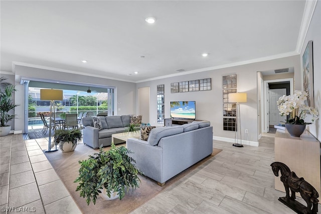 living room with ornamental molding