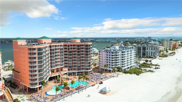 bird's eye view with a water view