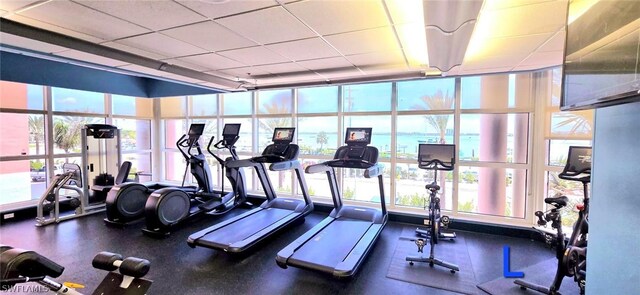 workout area with floor to ceiling windows, a drop ceiling, a water view, and a healthy amount of sunlight