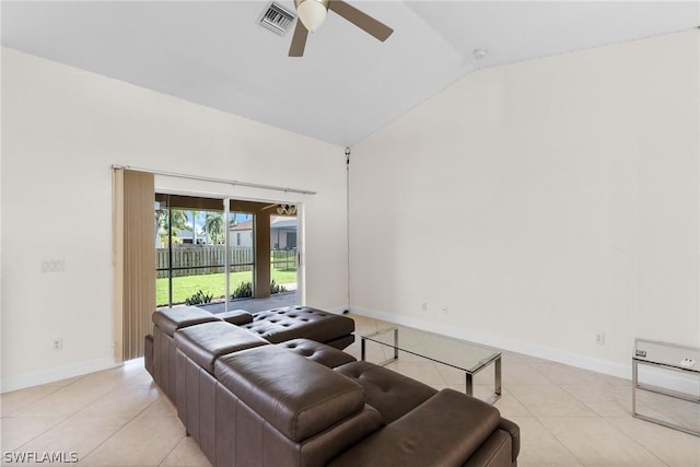 living room featuring high vaulted ceiling, light tile patterned floors, and ceiling fan