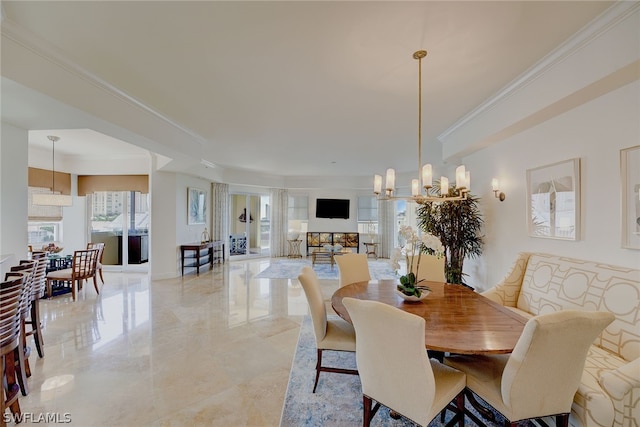 tiled dining area with a chandelier and ornamental molding