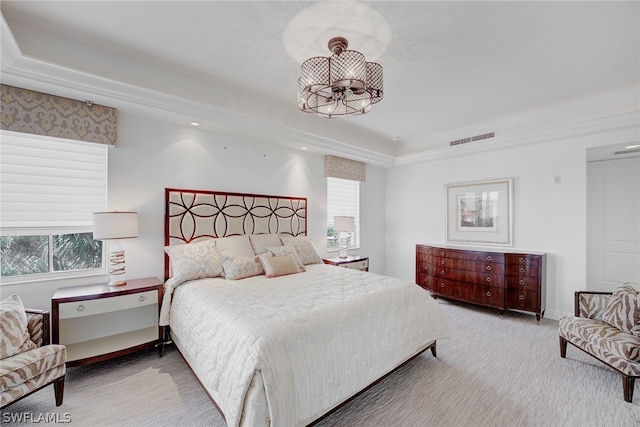 bedroom with multiple windows, carpet floors, and a tray ceiling