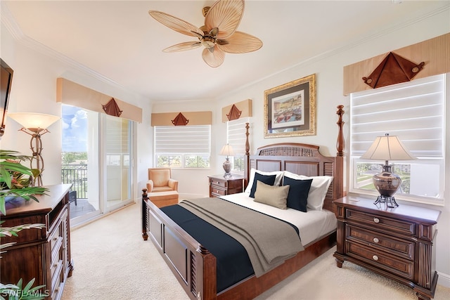 carpeted bedroom with ornamental molding, access to outside, and ceiling fan