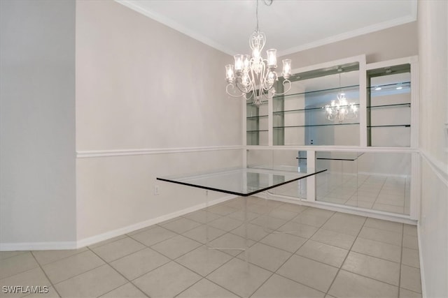 7685 Meadow Lakes Dr Unit 1301, Naples, FL 34104 - unfurnished dining area featuring a chandelier, crown molding, baseboards, and tile patterned floors