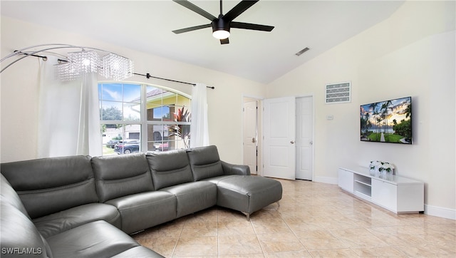 living room featuring lofted ceiling and ceiling fan