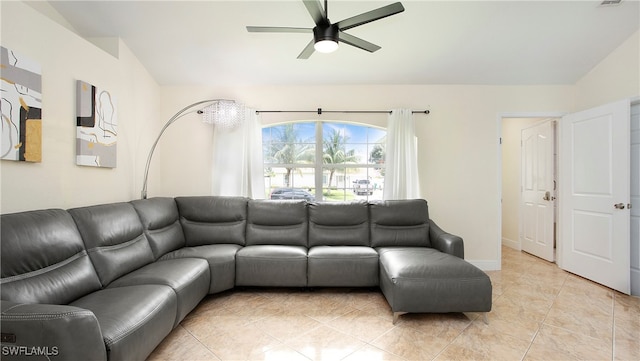 living room with lofted ceiling and ceiling fan