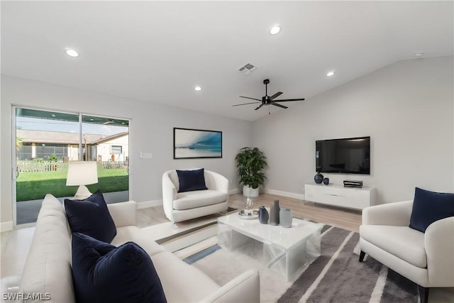 living area featuring visible vents, ceiling fan, wood finished floors, vaulted ceiling, and recessed lighting