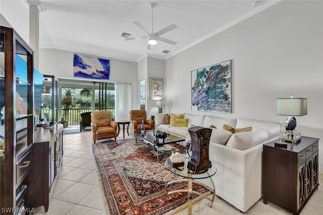 living room featuring ceiling fan, light tile patterned floors, and crown molding